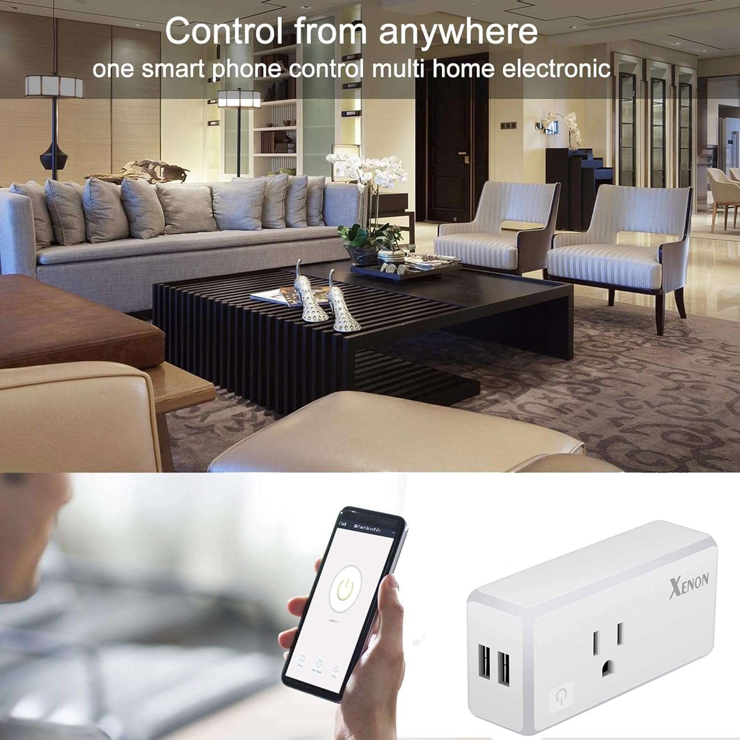 Xenon WiFi Smart Plug, With 2 USB Ports, Compatible with Alexa/Google Assistant, 10A Only Supports 2.4GHz Network, ETL Certificate, 1Pack - - 