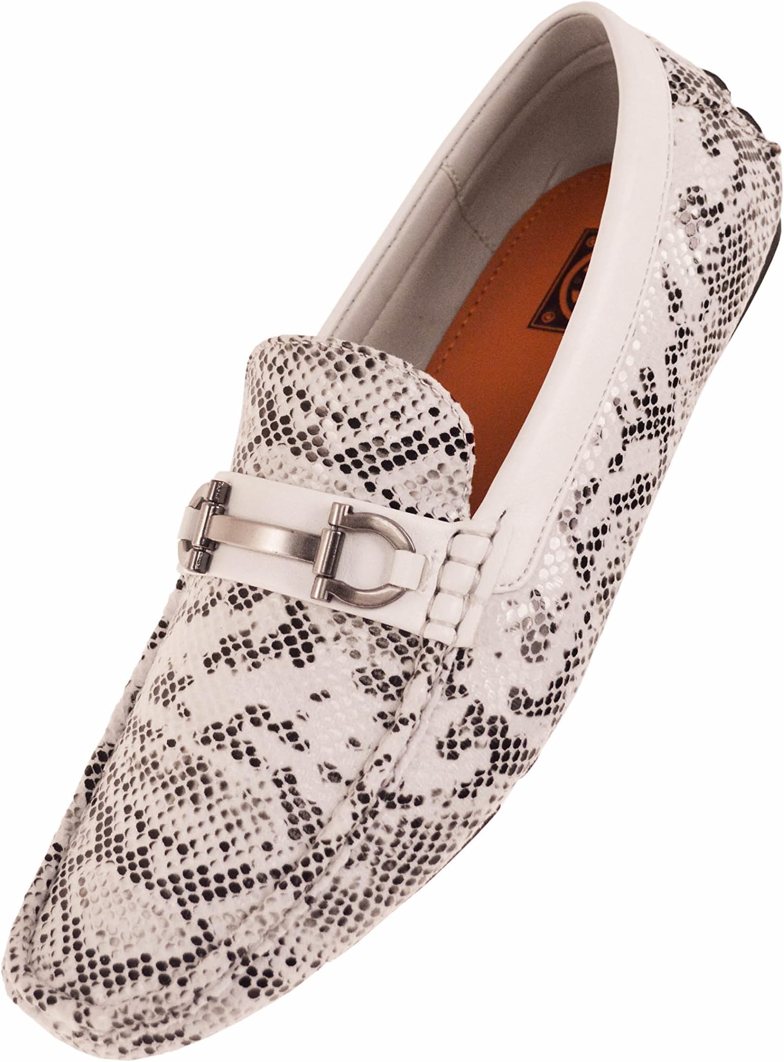 Concrete Mens Driving Shoe Loafer in White Snake Skin Print w. Silver Ornament : Style Viper-007