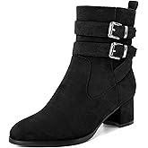 AUMOTED Kitten Low Ankle Boots for Women Chunky Block Heel Bootie Side Zipper Round Toe Double Adjustable Buckle Boots Women 2 Inch Heeled Boots