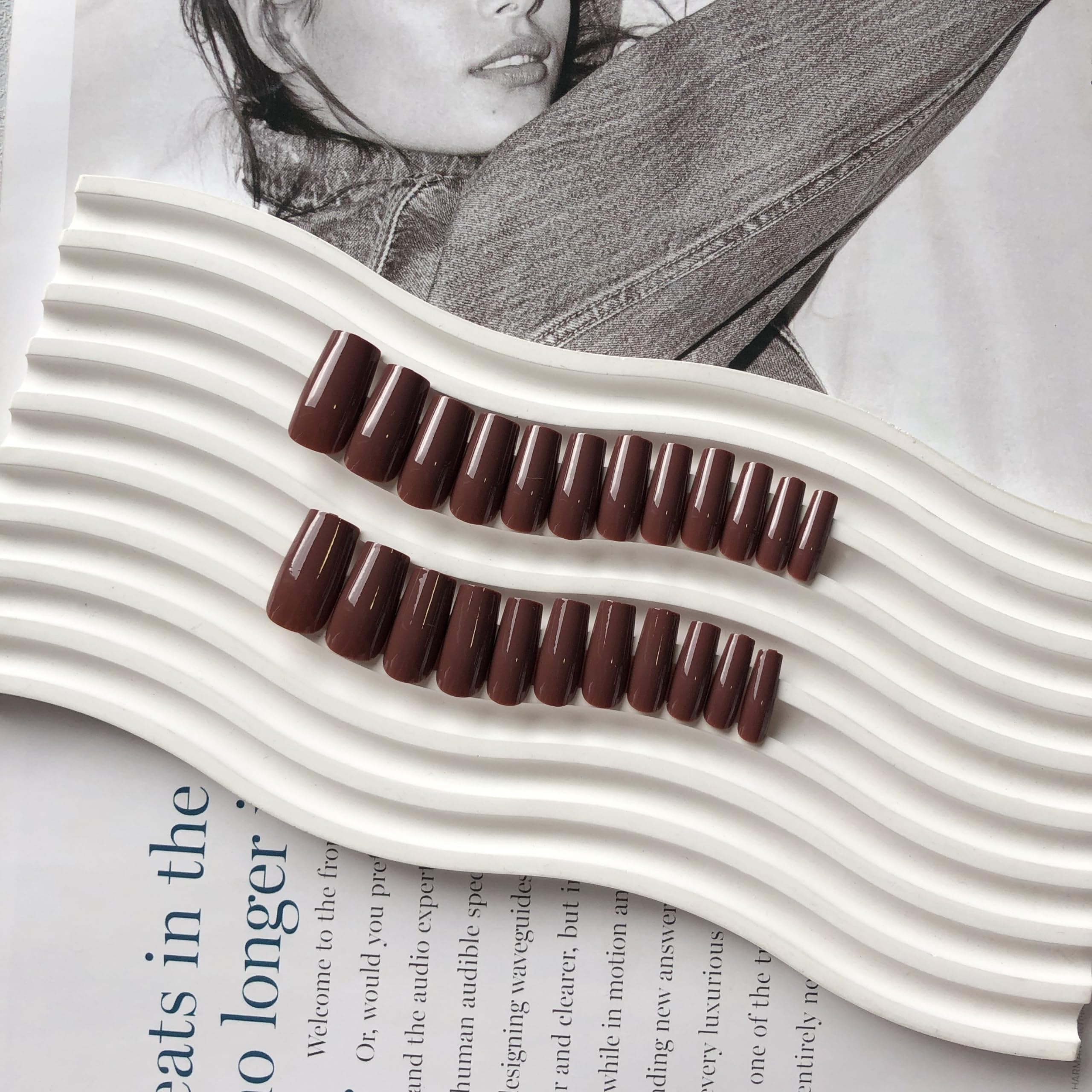 Fall Nails KQueenest Medium Long Press On Nails Coffin Nails Press Ons Gloss Brown Dark Color Long Fake Nails For Women Thick Gel Square Tip Nails Acrylic False Nails Set, 24 Pcs - Image 5