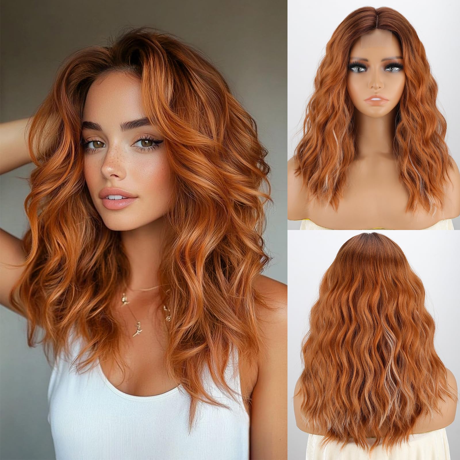 Photo 1 of MISSQUEEN Ombre Ginger Wavy Wig for Women Short Bob Style Synthetic Heat-resistant Natural Realistic Medium Length Wig for Everyday Hairstyle Cosplay Party Halloween Use-18inch