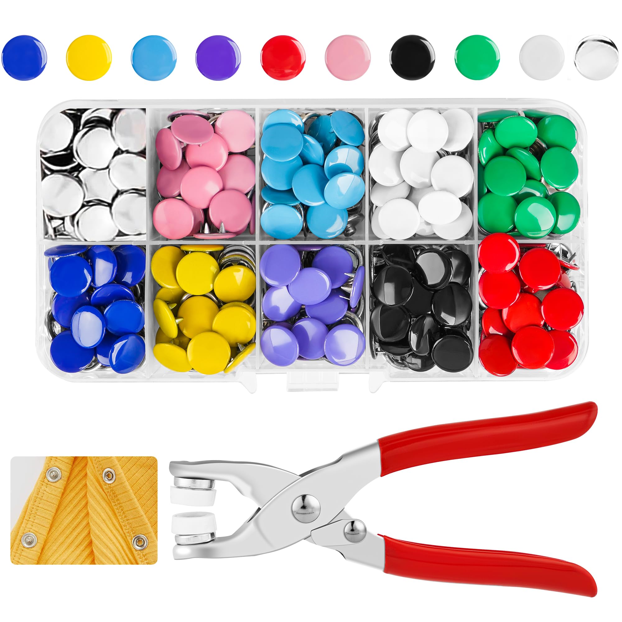 Photo 1 of Snap Button Kit 100set, 9.5mm Snap Fasteners Kit with Pliers, Metal Snaps Kit with Tool, Five Claw Buckle Tool Set 10 Colors (Solid 100set)