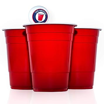 True American Beer Pong Becher Set — 100 Original Red Cups + 6 Bälle + Spieleanleitung — Extra Starke & Wiederverwendbare Rot