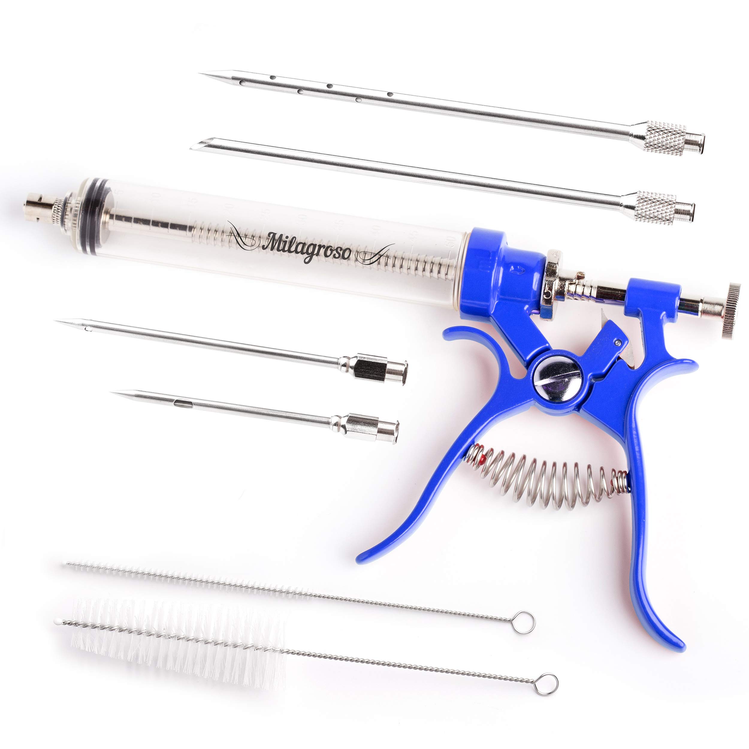 Meat Injector Marinade Gun Stainless Steel Outdoor Kit Flavor Food Syringes & 4 Marinades Needles for BBQ Grill Smoker Injectors Professional Syringe Held Culinary Barbecue Tool (Blue)