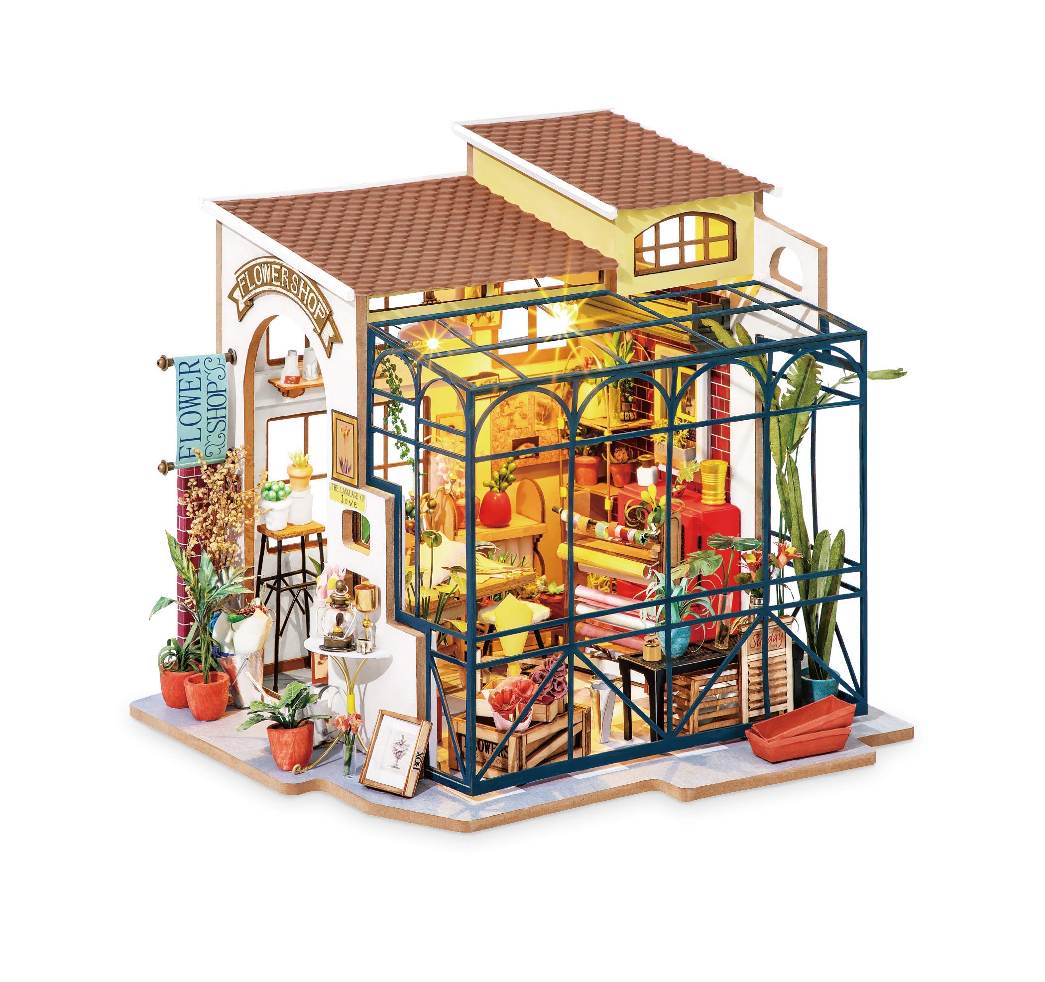Rolife DIY Miniature House Kit Emily's Flower Shop, 449-Piece Model Kit Dolls House for Adults Teens No Glue Needed, 3D Puzzle Mini House Building Kit 10-Hour Assembly Book Nook Craft Gift