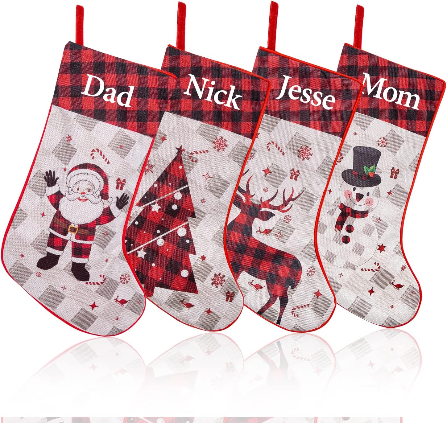 Stockings & Holders - Personalized Christmas Stocking，Custom Name Buffalo Plaid Stocking, 18” Large Santa Claus Snowman Deer Tree Xmas Stocking for Kids,Holiday and Family Stocking for Fireplace Party Decoration(1 Pcs)