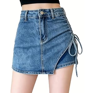 Women's High Waisted Denim Skort - Drawstring Ruched 2-in-1 Shorts Lined Jean Skirt