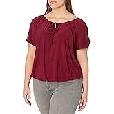 Star Vixen Womens Star Vixen Women's Petite Short/Slit Sleeve Keyhole-tie Peasant Top Bubble Hem