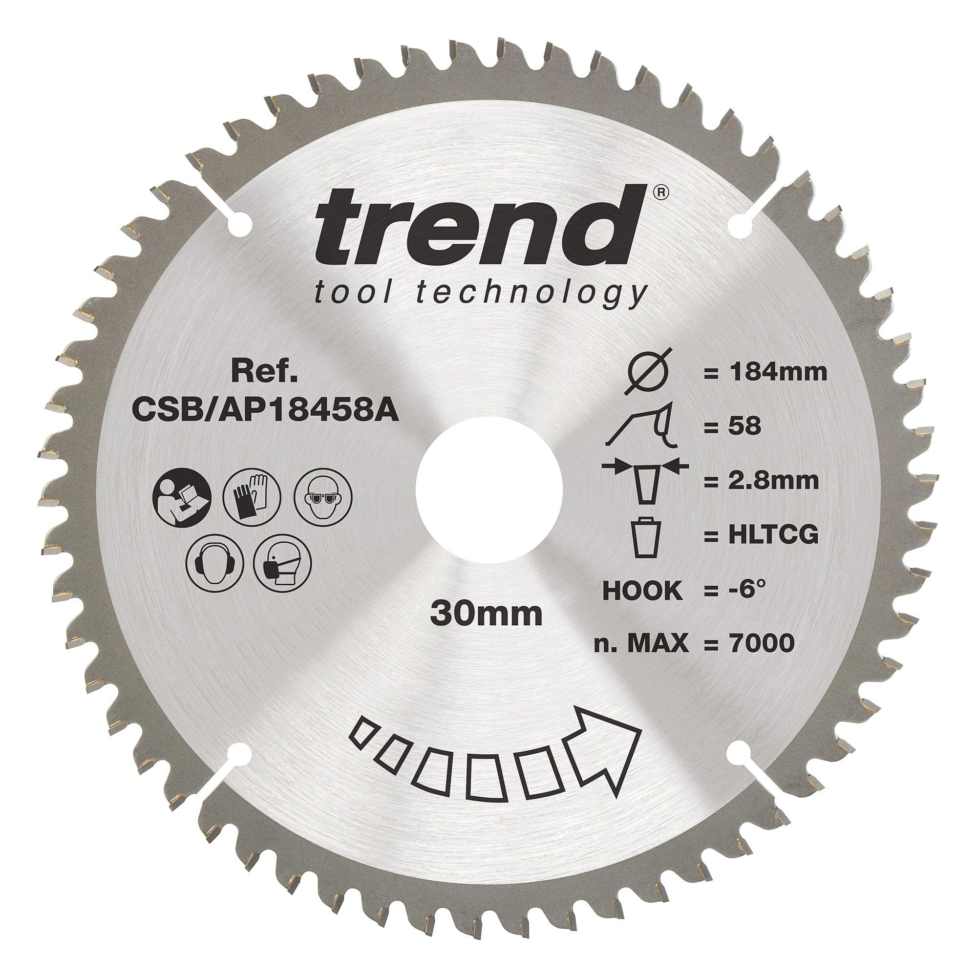 Trend Aluminium & Plastic Circular Saw Blade, 184mm Diameter, 30mm Bore, 58 Teeth, 2.8mm Kerf, -6° Hook, TCT, Extra-Fine Finish, CSB/AP18458A