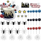 Firleayo 36pcs Spider Cake Topper Spider Web Cake Decoration Spider Themed Cake Decorations Glitter Red Blue Black Balls City Star Cupcake Topper for Boys Men Birthday Party Baby Shower Supplies