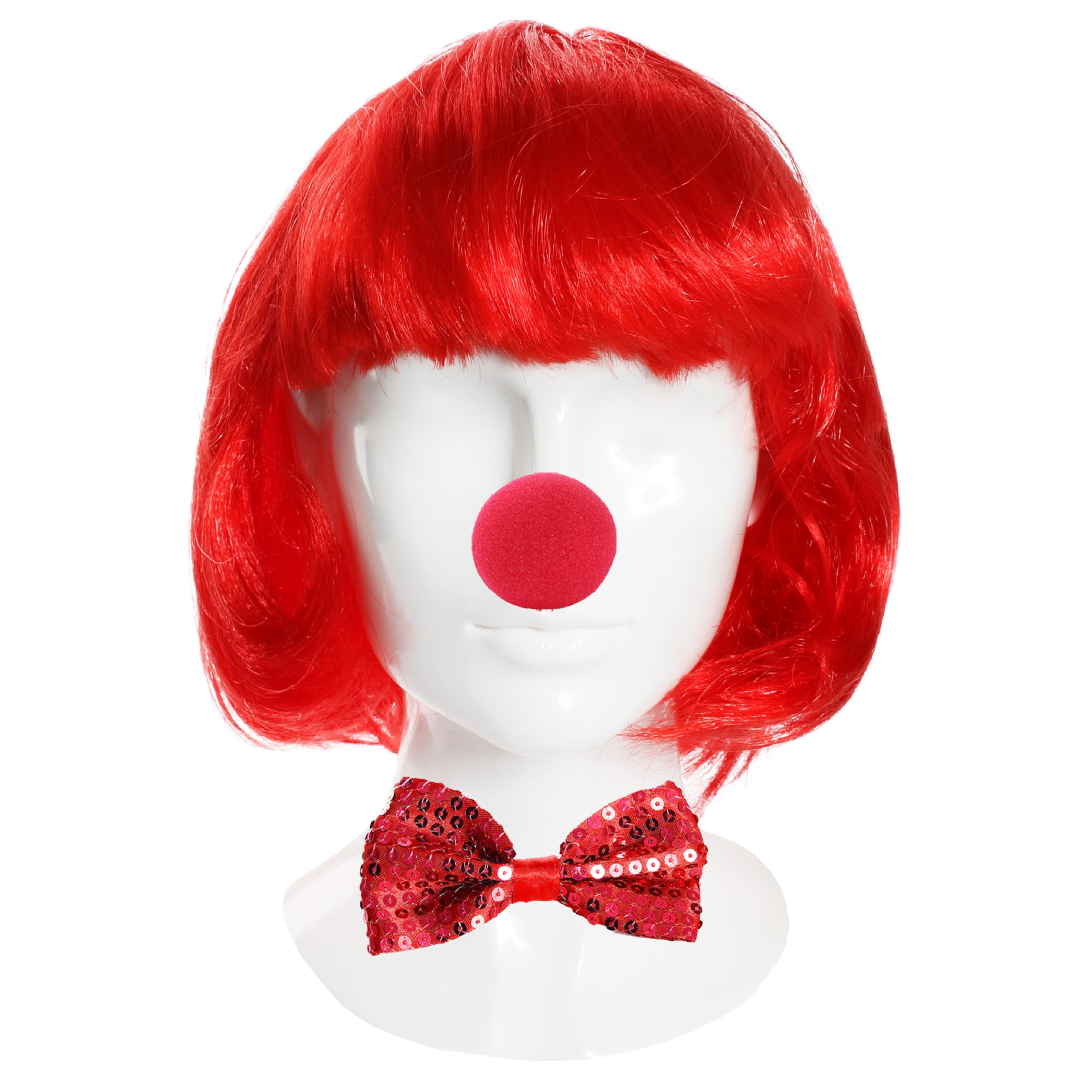 Red Nose Fancy Dress Set - Sponge Nose, Short Bob Wig and adjustable Sequin Bow Tie - Novelty Clown Costume - Supporters Gear