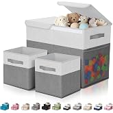 Fiwochic 3 Pack Large Toy Box Storage Organizer Set, Grey White | 23 Inch Fabric Toy Chest with 2 Cube Bins, Collapsible Organizer for Playroom Classroom Nursery, Stores Clothes Books Toys