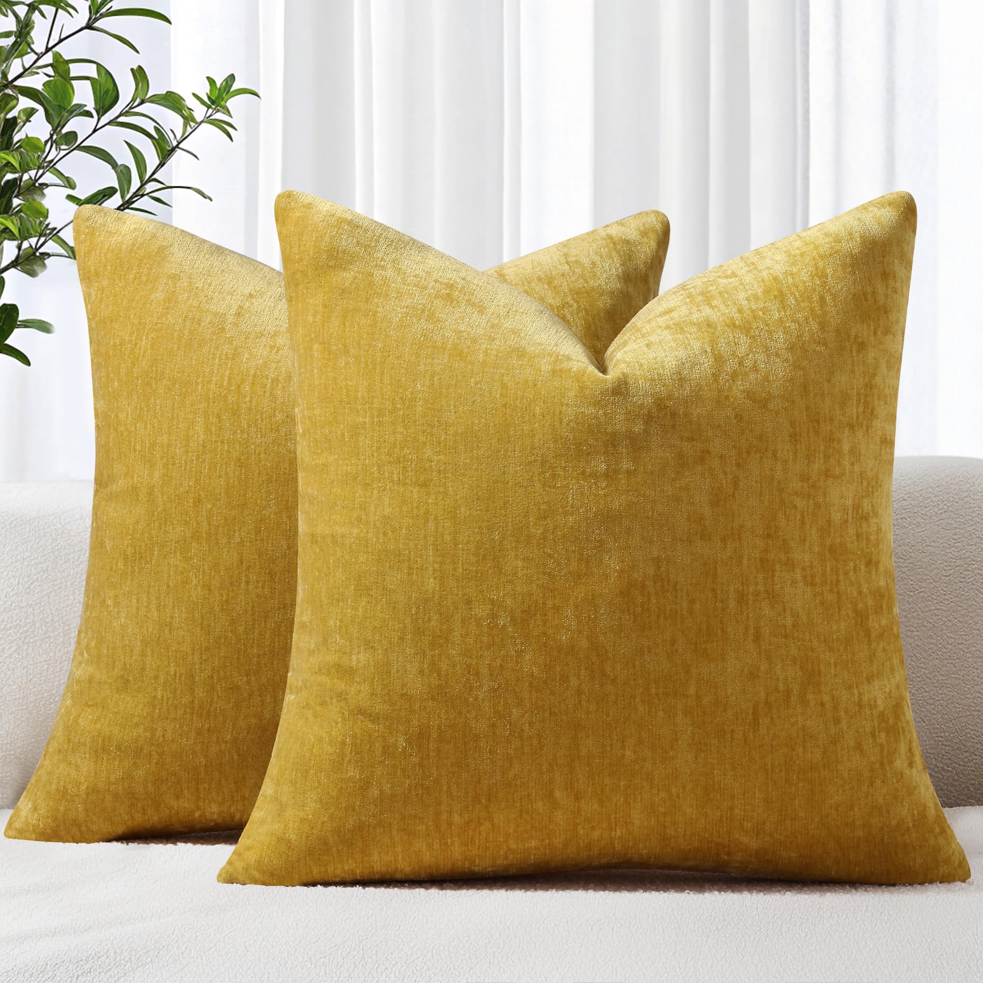 Photo 1 of decorUhome Chenille Mineral Yellow Fall Throw Pillow Covers 18x18 Inch Set of 2, Decorative Soft Couch Pillow Covers Solid Dyed Accent Farmhouse Neutral Square Pillow Cases for Sofa Bed Living Room