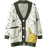 Gihuo Women Cat Sweater Oversized Cute Kawaii Cardigan Knit Graphic V Neck Loose Fit Long Sleeve Cardigan Coat