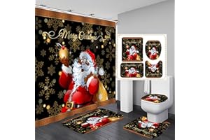 Peryiter Christmas Black Santa Claus Shower Curtain Sets with Non Slip Rugs Toilet Lid Cover Bath Mat and 12 Hooks Christmas Bathroom Decor Xmas Snowflake Shower Curtain for Bathroom