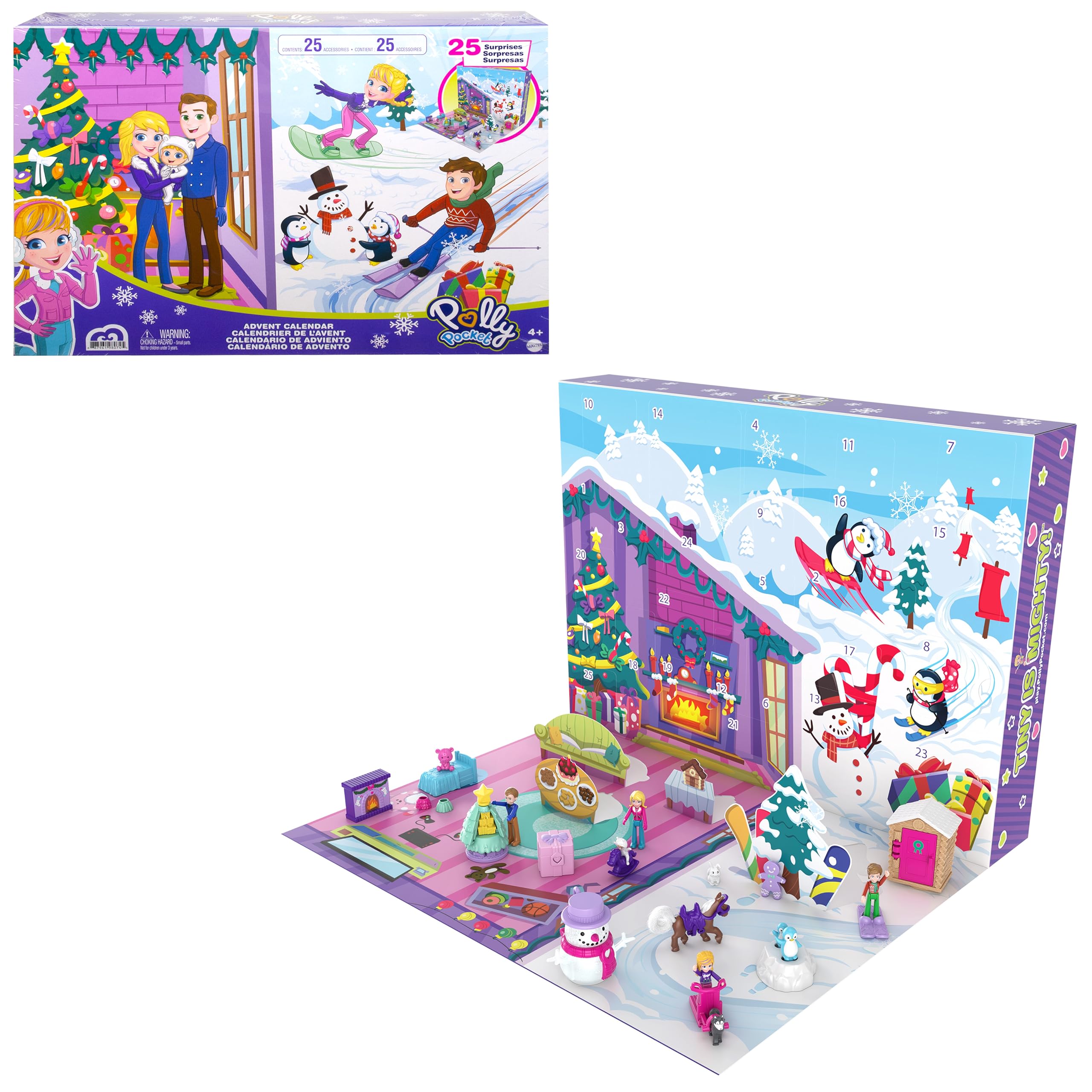 Polly Pocket Advent Calendar with Winter Family Fun Theme & 25 Days of Surprises (34 Total Play Pieces) to Discover, for Ages 4 Years Old & Up, GYW07