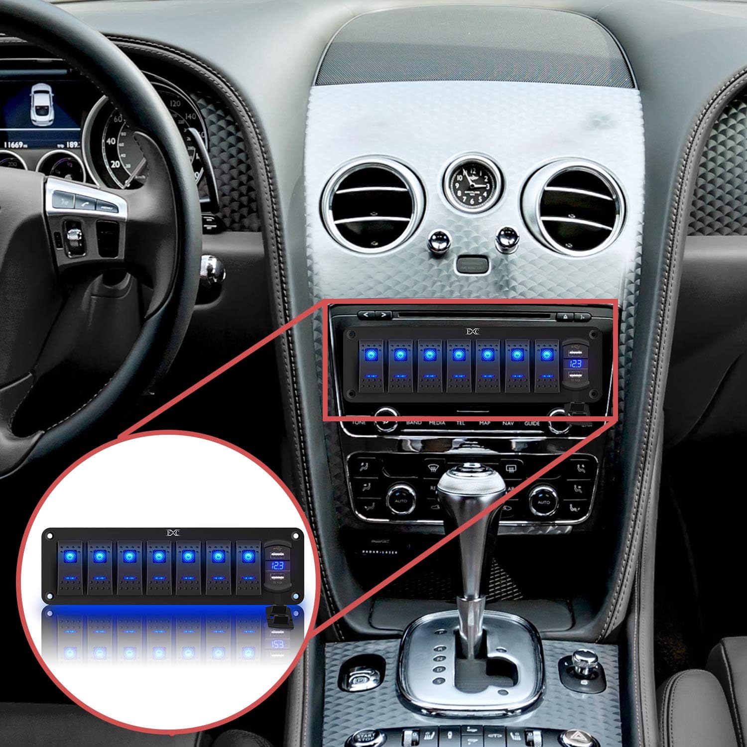 Purishion 7 Gang Rocker Switch Aluminum Panel with Voltmeter & Dual USB(4.8 Amps) Fast Charging, Blue Backlit Led, Pre-Wired IP65 Waterproof for Marine, Boat, Car, Truck, Polaris, Jeep (Blue): Automotive