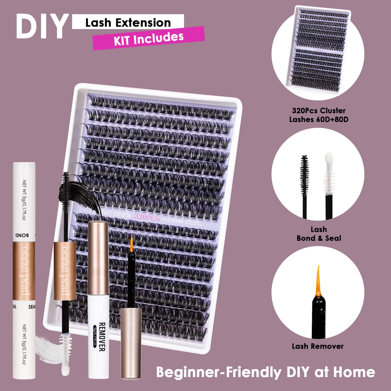 Ocean Pearl Lash Clusters 320pcs 3D Thick Lash Clusters kit 60D+80D Lashes,Eyelashes,Lash Extension Kit,Eyelash Clusters with Lash Bond&Seal&Remover&Tweezers,Lashes Clusters Eyelash Extensions Kit