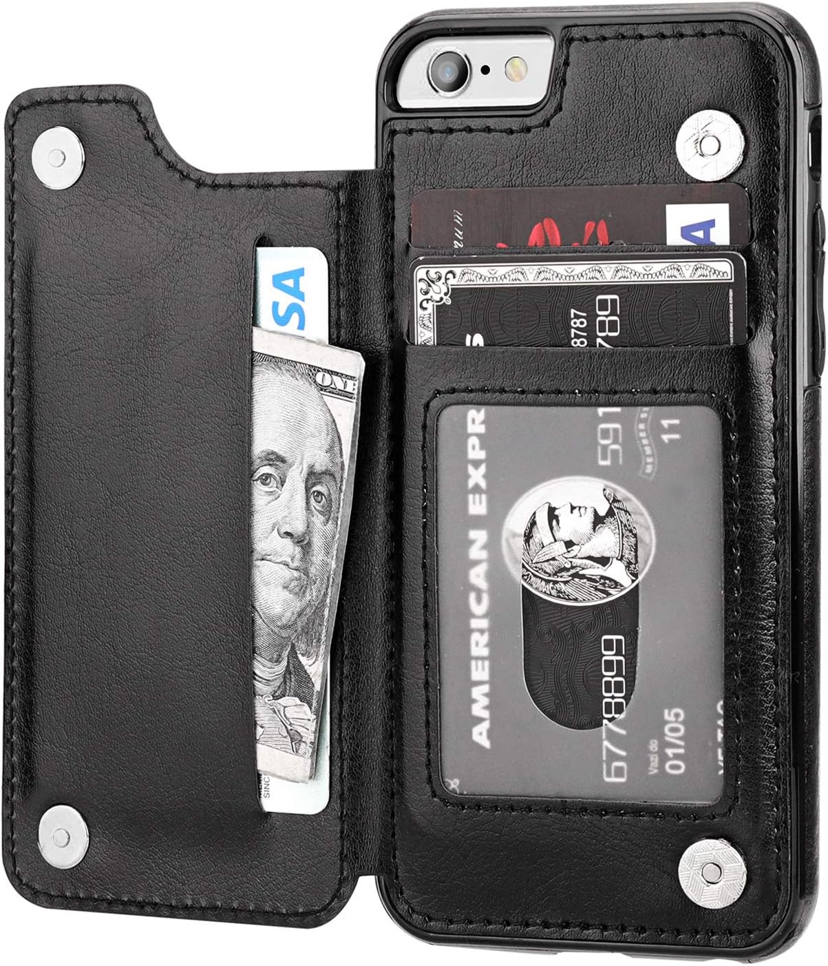 iPhone 6s Wallet Case with Card Holder,OT ONETOP iPhone 6 Case Wallet Premium PU Leather Kickstand Card Slots,Double Magnetic Clasp Durable Shockproof Cover 4.7 Inch(Black)