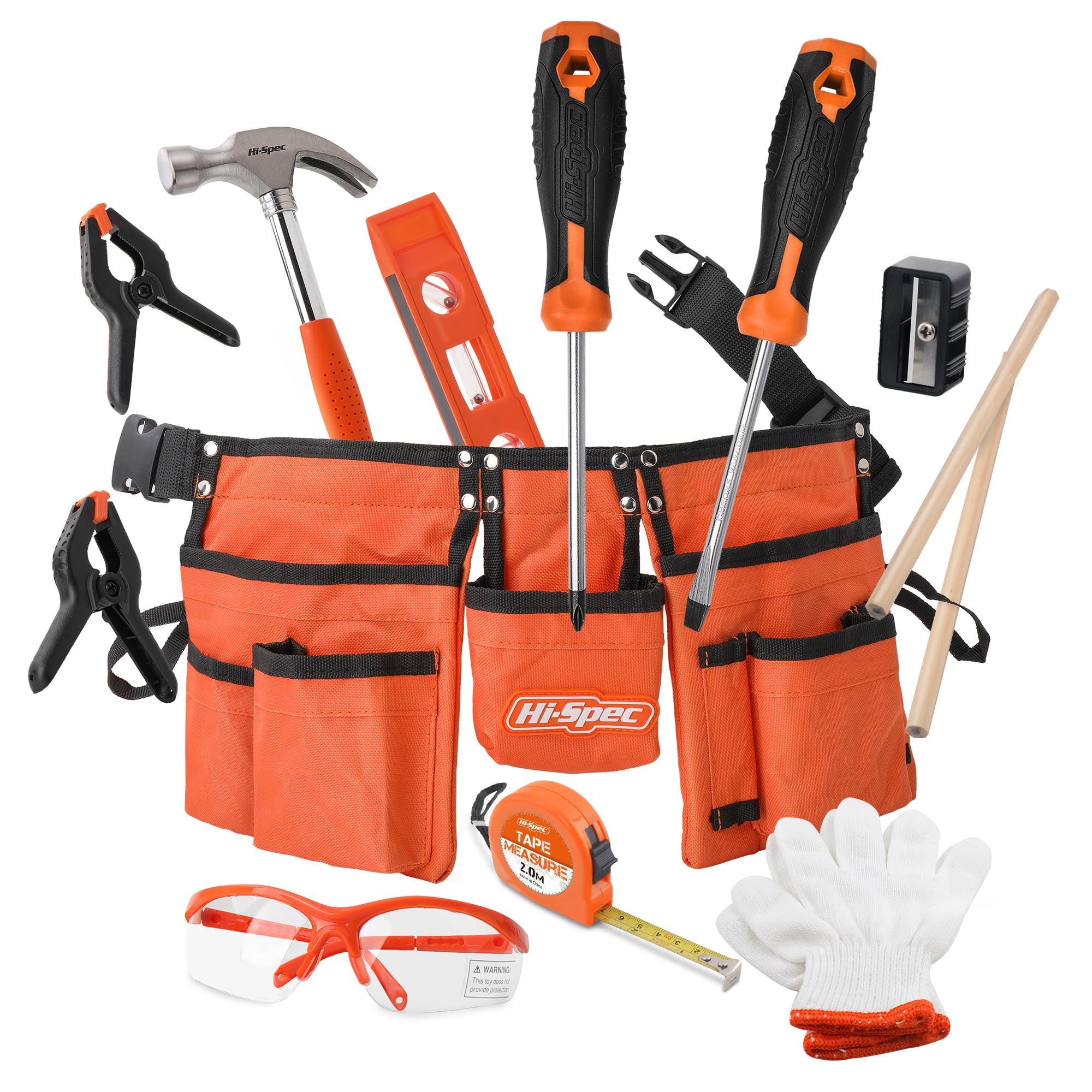 Hi-Spec 16pc Orange Kids Tool Kit Set & Child Size Tool Belt. Boys and Girls Real Metal DIY Kit for Building, Woodwork, Construction and Crafts Learning for Kids