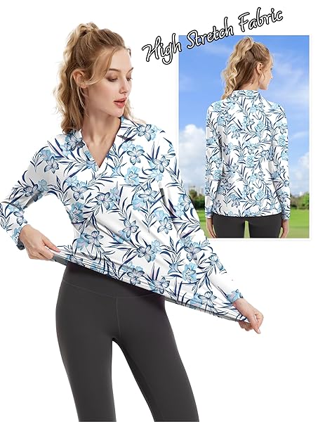 FKEEP WOMEN’S TENNIS GOLF SHIRT LONG SLEEVED TOP SPORT ACTIVEWEAR V-NECK WORKOUT ATHLETIC (BLUE FLOWERS, XL)