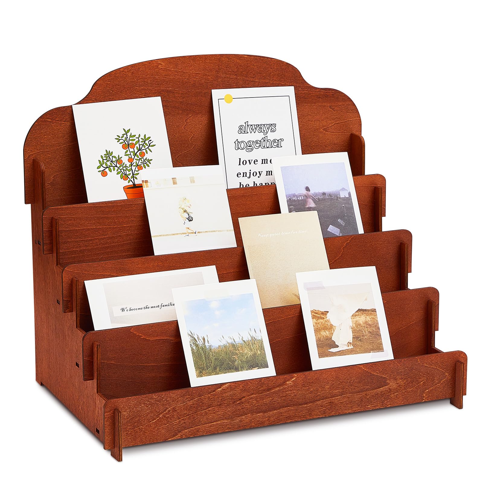 Photo 1 of Barydat Large Greeting Card Display Stand Tiered Wooden Display Stand for Postcard Brochure Photos Jewelry Snacks Sticker Holder for Vendors, Counter Retail(15.8 x 10.4 x 14.2 Inch,Brown)