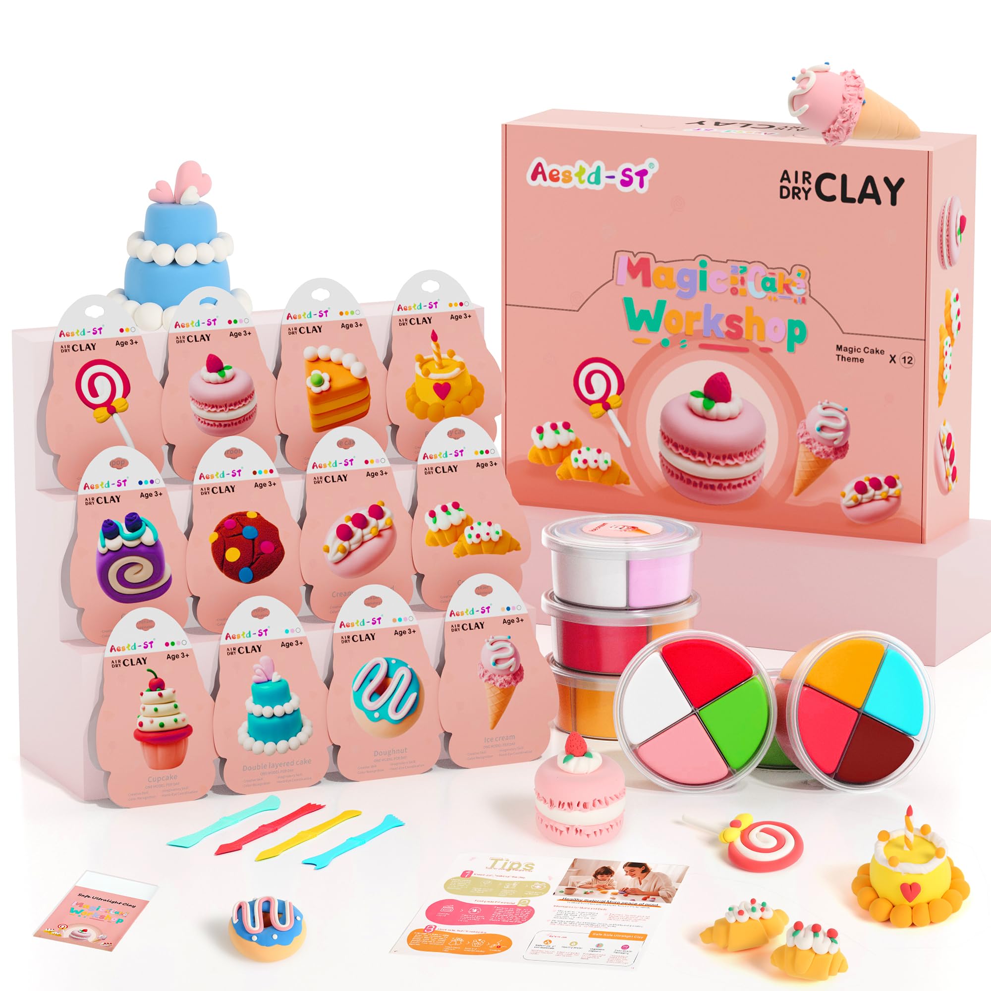 Photo 1 of Air Dry Clay Kit - Cake Themed, Modeling Clay for Kids, DIY Model Magic Clay with Sculpting Tools and Tutorials, 12 Boxes Molding Clay, Ultra Light, Soft & Non-Sticky, Arts and Crafts Gift for Kids
