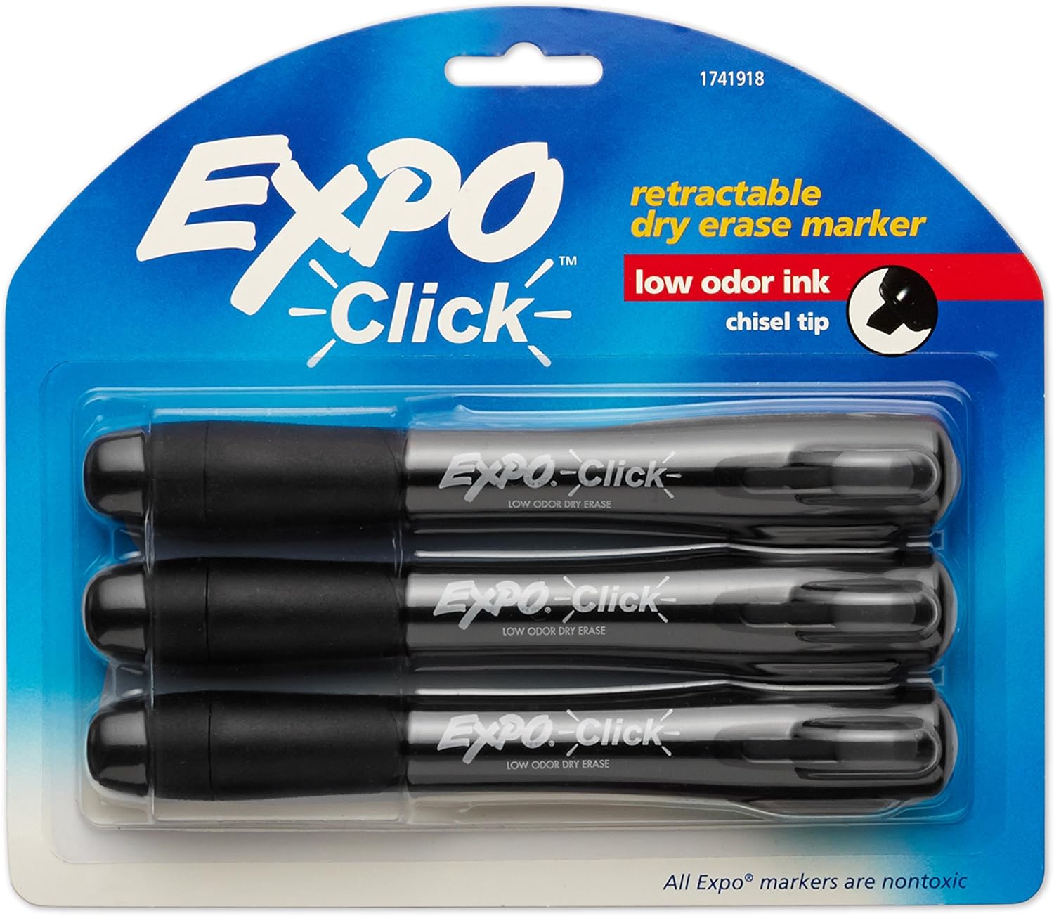 EXPO Click LowOdor Dry Erase Retractable Markers, Chisel Tip, Black, 3