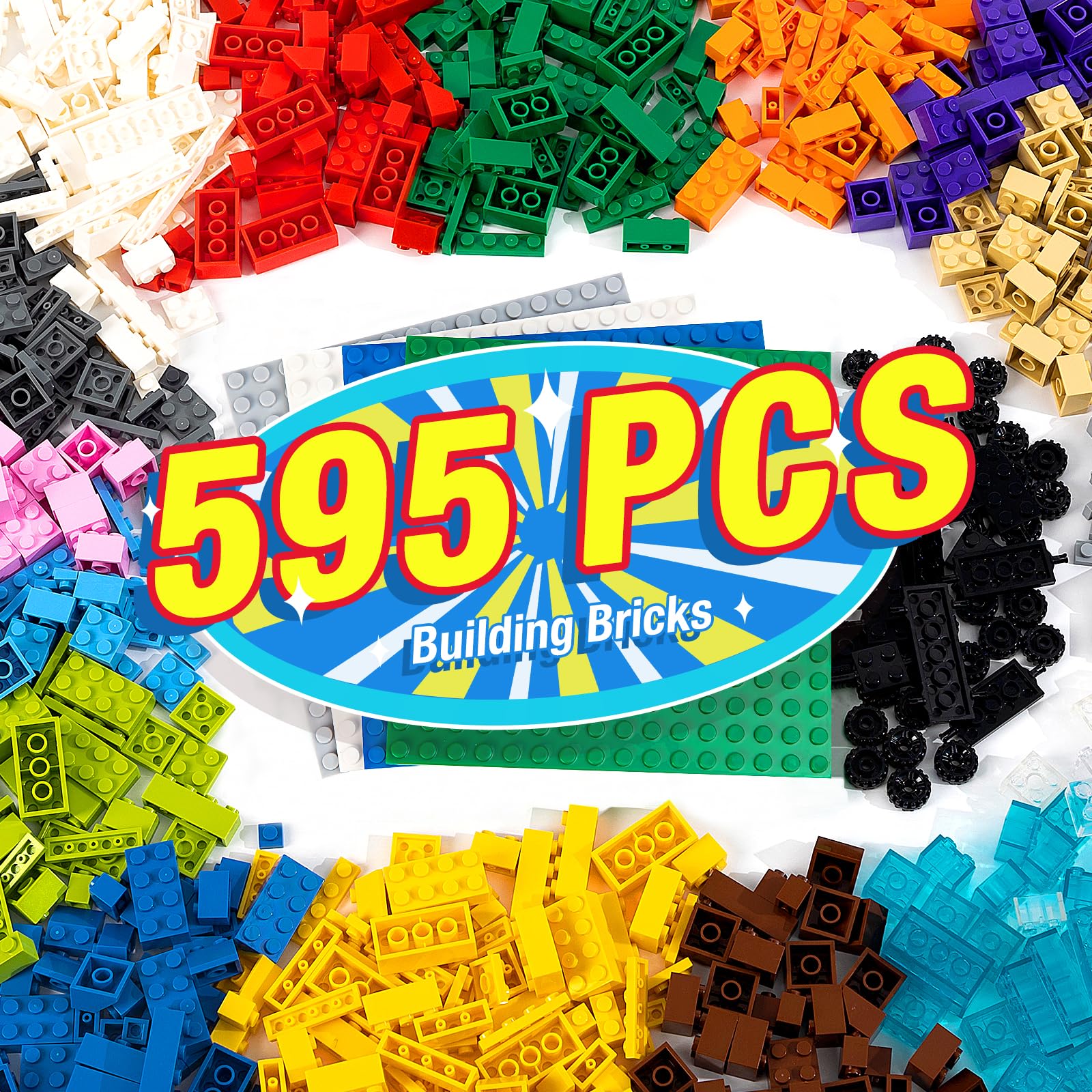 MANNIDOO 595 Pieces Building Bricks, Building Bulk Block with 4 Packs 5" x 5" Stackable Plates and 46PCS Wheel Accessory - Compatible with All Major Bricks, Gfits for Kids - 18 Shape/16 Color