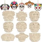 36PCS Wooden Day of The Dead Skull Ornaments to Paint Dia De Los Muertos Decorations Crafts for Kids, Halloween Decorations DIY Blank Sugar Skull Unfinished Mexican Fiesta Cutouts for Party Hanging