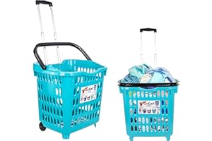 dbest products Bigger GoCart Grocery Cart Rolling Shopping Laundry Basket on Wheels Hamper with Telescopic Handle Cleaning Caddy Trolley, Teal, Bigger 1 pack