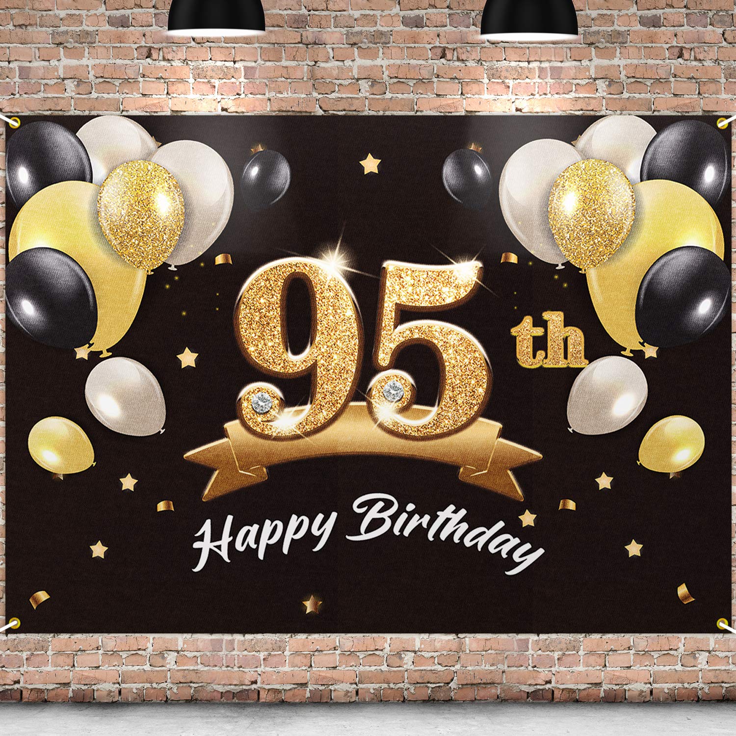 PAKBOOM Happy 95th Birthday Banner Backdrop - 95 Birthday Party Decorations Supplies for Men - Black Gold 4 x 6ft