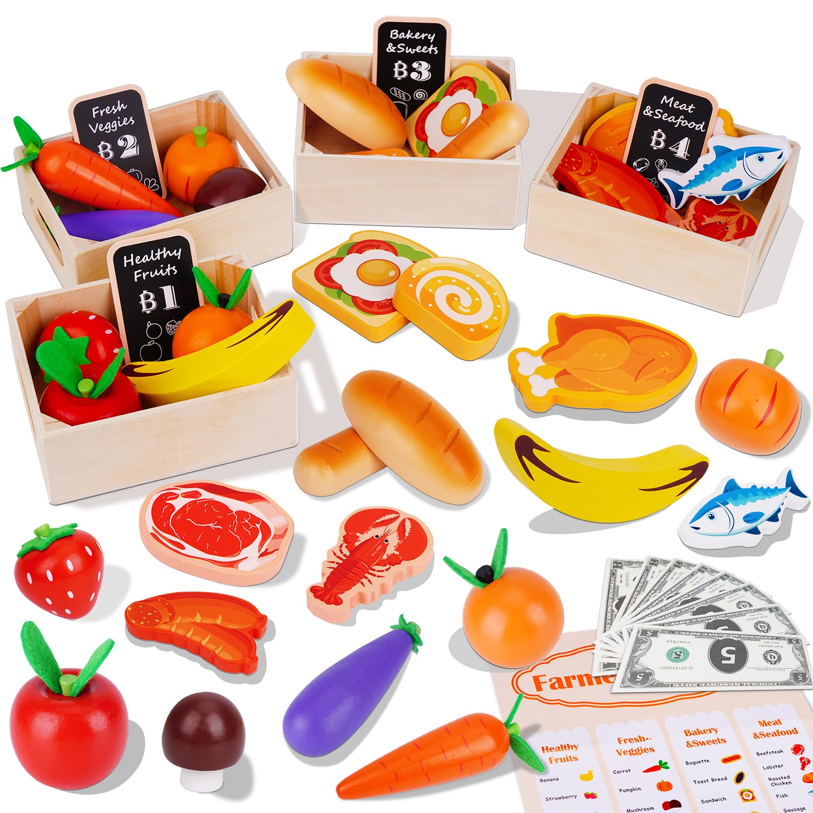 KMTJT Wooden Play Food for Toddlers 1-3 | 46 PCS Toy Food with Play Money for Pretend Play Kitchen Accessories | Wood Play Fake Food Sorting Toys for 12-18 Months Boys Girls | 1st Birthday Gifts