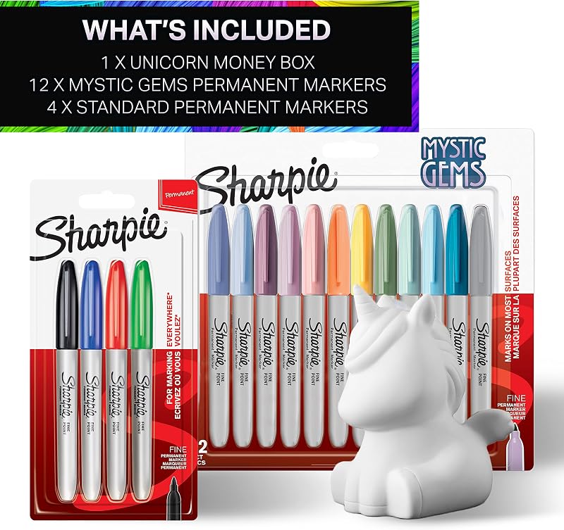 Permanentmarker Geschenkset | Einhornspardose & Marker | feine Spitze | gemischte mystische Edelsteinfarben | 16 Stück | Einhorngeschenk für Mädchen & Jungen