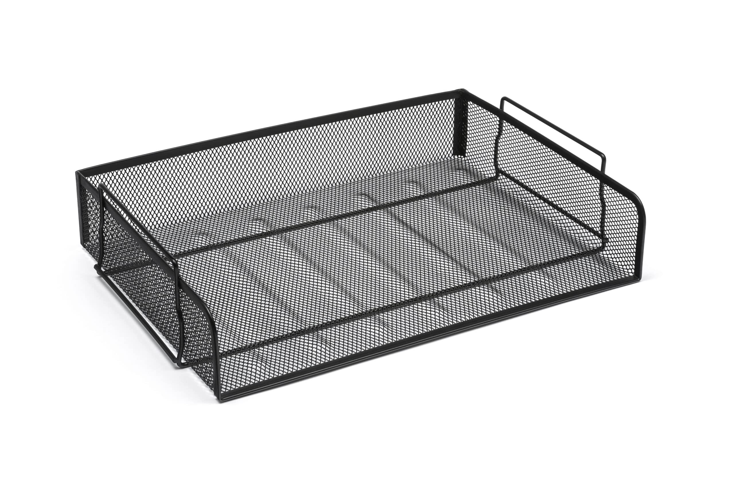 OSCO Wiremesh Stackable Letter Tray Landscape, Scratch-Resistant Metal Desk File Organiser for A4 & Foolscap Paper, Side-Load Design, High-Density, Black