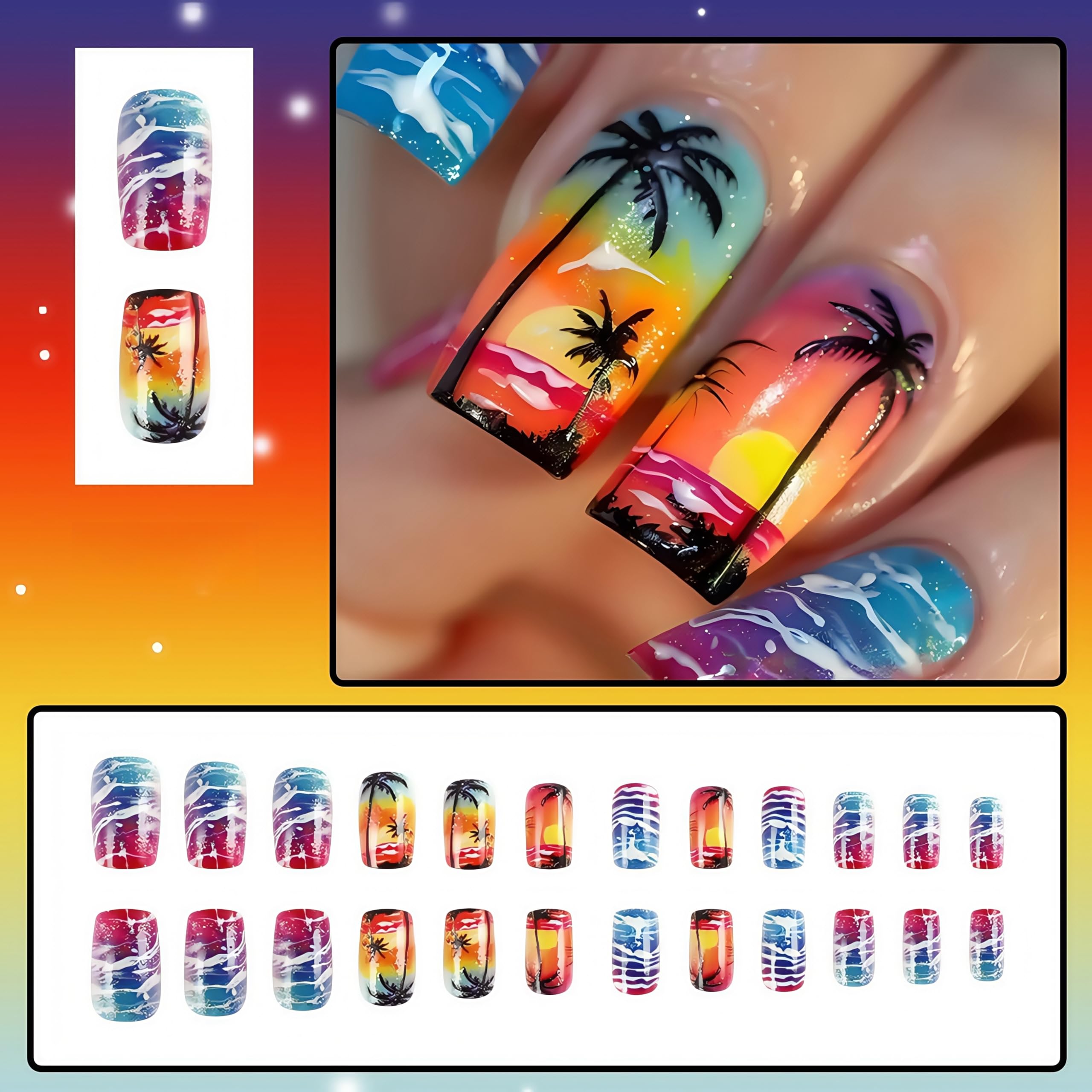 24Pcs Summer Press on Nails Medium Square Fake Nails Sea Waves Coconut Palms Design Coconut Tree Pattern Artificial Nails Ocean Beach Tropical Reusable Stick on Nails for Women Girls Summer Nail Art - Image 2