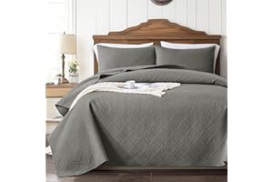 OARAGE King Size Quilt Bedding Set Soft Lightweight Grey Quilted Bedspread with Checkered Pattern,Microfiber Cal King Quilting Coverlet for All Season (1 Quilt, 2 Shams)