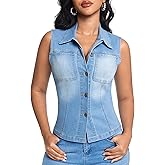 EZAPINE Womens Denim Vest Classic Lapel Button Down Sleeveless Slim Fitted Stretchy Jean Jacket with Pockets