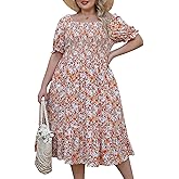 Nemidor Womens Casual Plus Size Midi Dress Summer Floral Print Puff Sleeve Smocked Long Boho Dresses with Pocket 16-26