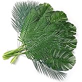 Cindeer 24 Pcs Artificial Palm Leaves 3 Kinds Large Faux Monstera Leaf Greenery Stems Safari Jungle Leaves for Hawaiian Chris