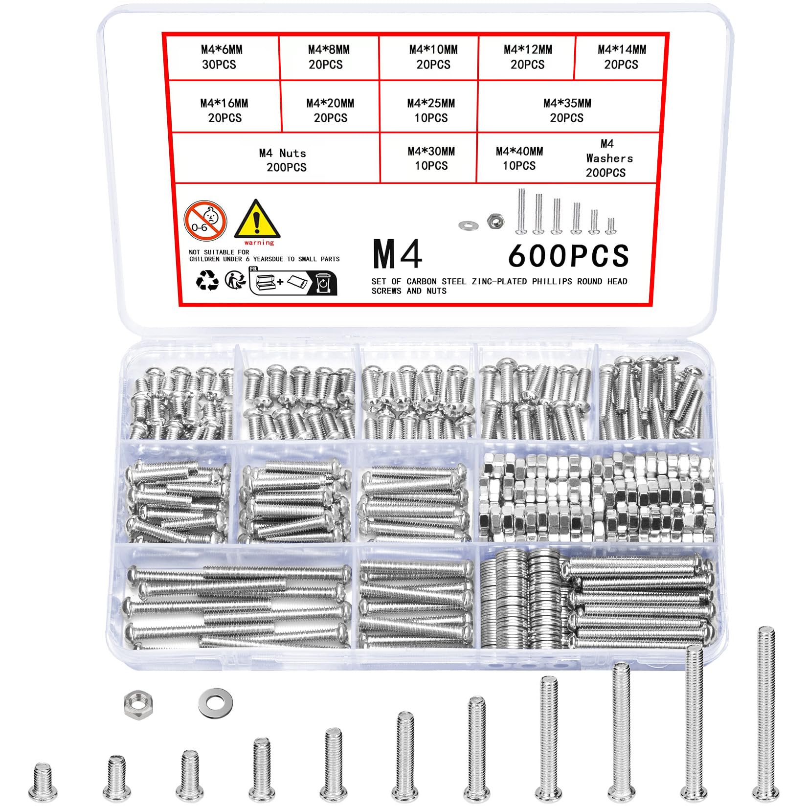 Vwoqiy 600 Pcs M4 Screws Set, Pan Head Machine Screws Bolts and Nuts and Washers Assortment Kit, Assorted Galvanized Round Cross Pan Head Bolts and Nuts Sets, DIN 7985 (silver 600) — image 1