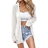 Women's Crochet Cardigan Sweater Long Sleeve Open Front Lightweight Boho Cover Up Summer Knit Cardigans White