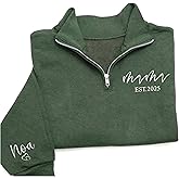 Personalized Embroidered Mama Sweatshirt with Kid Names On Sleeve, Mom Quarter Zip Oversized Sweatshirts, Gifts for Mom Grandma, Mama Sweatshirts Quarter Half Zip Pullover Fall Fashion Outfits 2025