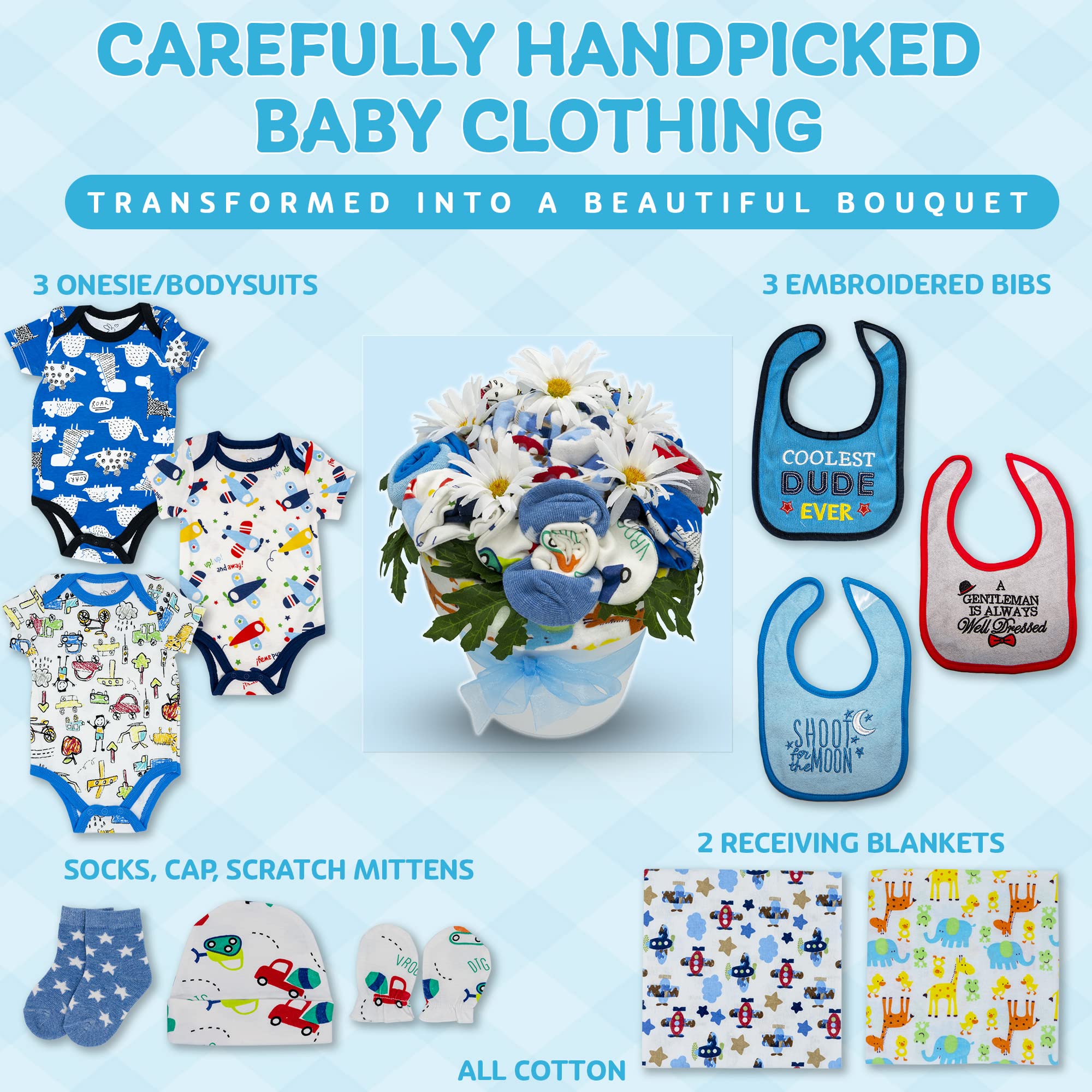Deluxe Baby Blossom Clothing Bouquet | Newborn Baby Boy Gift Set | Unique Baby Gift Basket for Expecting Moms | New Baby Gift Basket | Blue Baby Gift Set | Baby Boy Outfits | Nikki's Gift Baskets