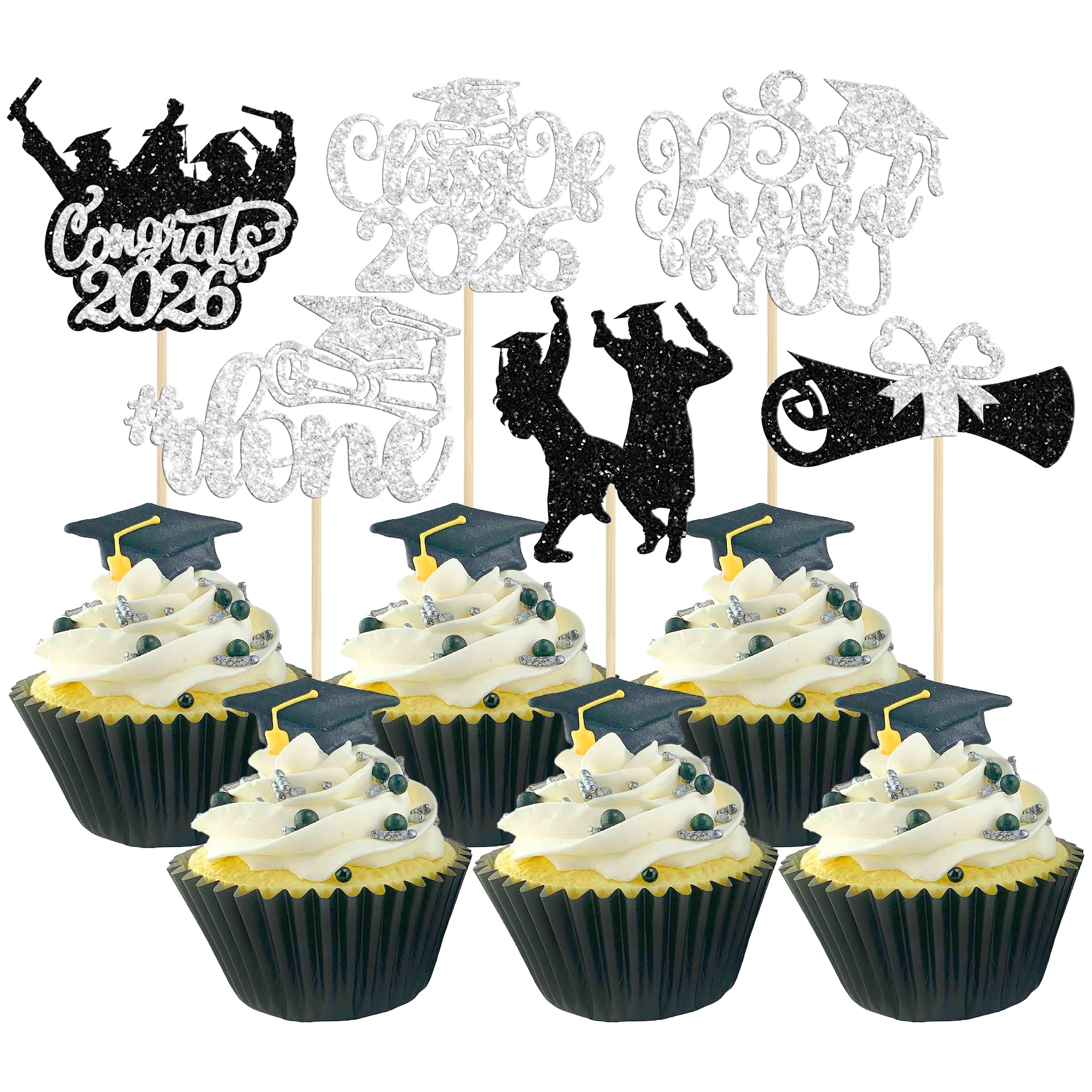 Gyufise 24Pcs Graduation Cupcake Toppers Congrats Grad Class of 2026 Cake Decoration for We Are Proud of You Themed Graduation Cap Diploma Cake Decorations I’m Done Party Supplies Silver — image 1