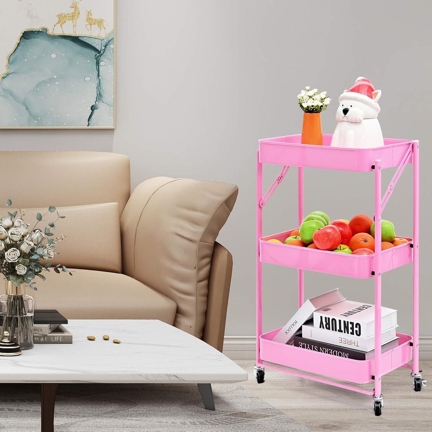 3-Layer Movable and Foldable Metal Storage Cart with Wheels Without Installation, Pink(17.71Lx11.61Wx28.34H) : Office Products