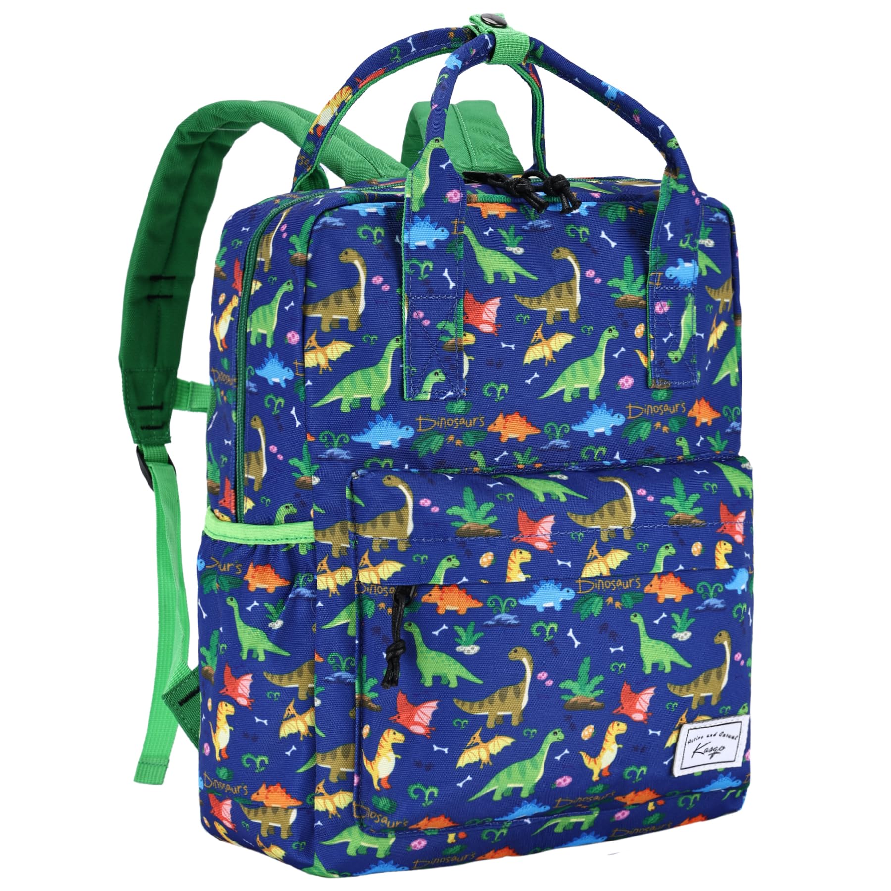 Kasgo Kids School Backpack, 14.6 Inch Lightweight Water-Resistant Primary Preschool Bag for Toddler Boys Girls Ages 5-8, Fits A4 Folder, with Chest Strap & Name Tag, Blue Dinosaur