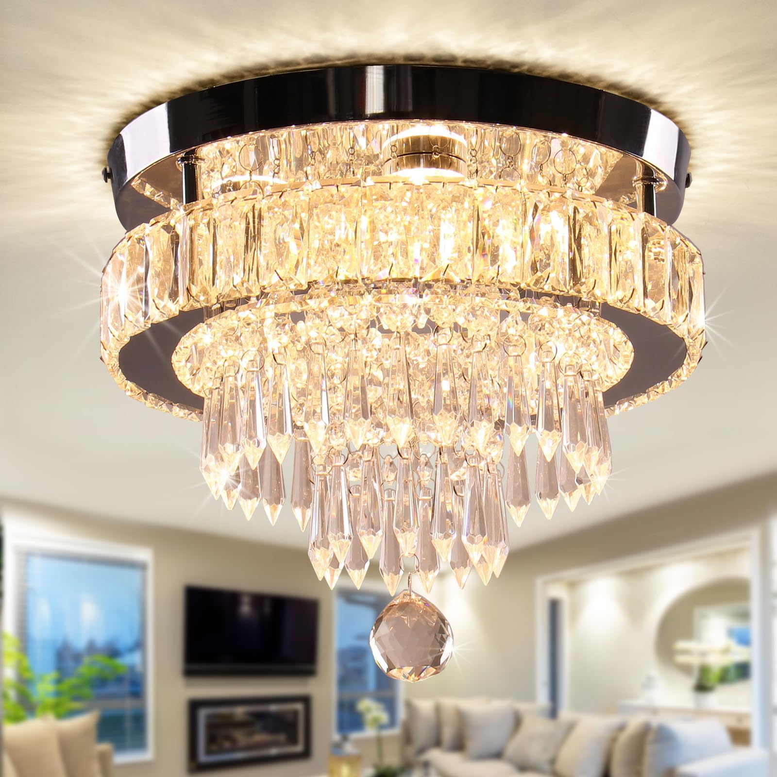 Photo 1 of Cainjiazh Crystal Chandeliers 11.8" Modern Crystal Light Fixtures LED Flush Mount Chandelier Ceiling Light Chandeliers for Bedrooms Living Room Dining Room Chrome (Warm White)