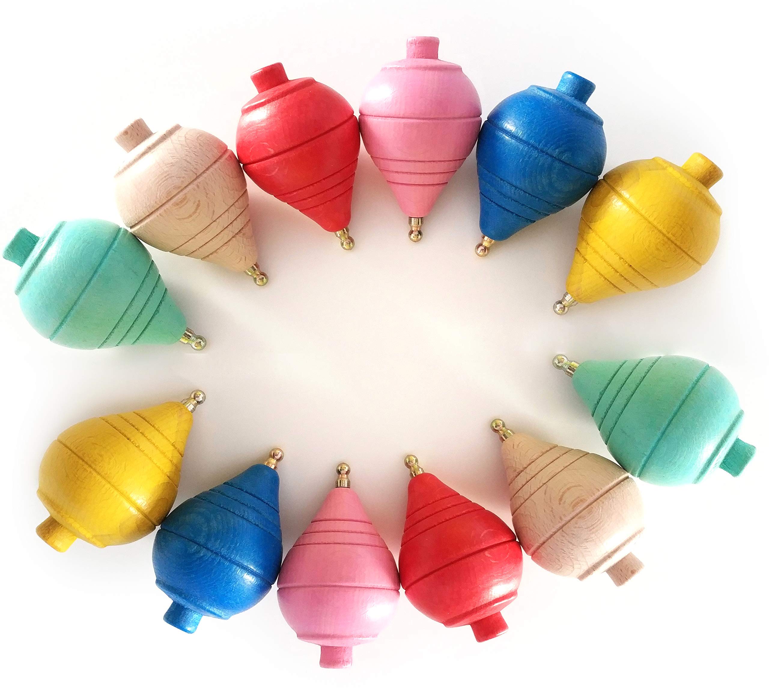 GERILEO Top, Set of 4 Classic coloured wooden Spinning Tops- Gifts for Communions, Birthday Parties, Boys, Girls (One Size, Wood, Green, Yellow, Beige, Red, Pink, Blue)