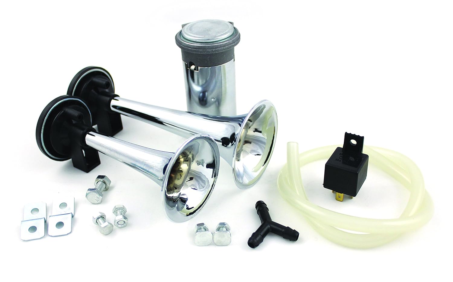 FIAMM 66025 Grand Prix Chrome Horns, 2 Trumpet w/ 12 Volt Compressor Kit